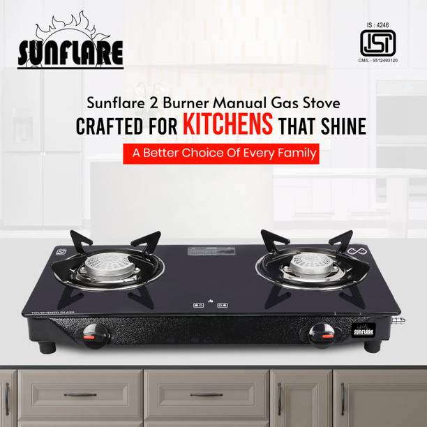 सनफ्लेयर Cute 2B Toughened Glass Tornado Burner(Bk) Glass Manual Gas Stove(2 Burners) मैनुअल गैस चूल्हा