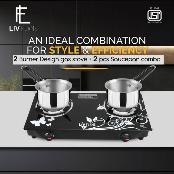 LIVFLAME Popular Design Combo with 2 pcs Induction Friendly Sauce Pan Food Grade Steel Glass Manual Gas Stove