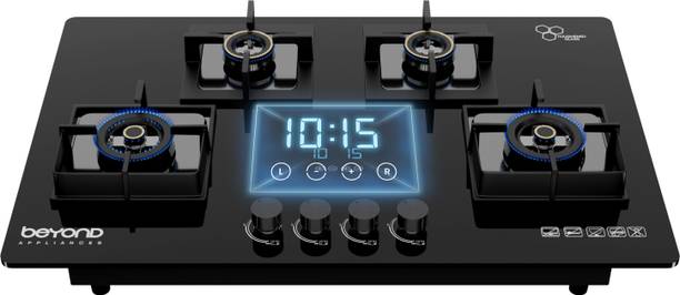 Beyond Appliances Dorado 4 Brass Smart Hobtop, Digital Timer, FFD & Auto Ignition Burners Glass Automatic Hob