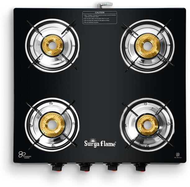 Suryaflame Splendor LPG 4 Burner Gas Stove with Brass Burner & Toughened Glass Top Glass Manual Gas Stove