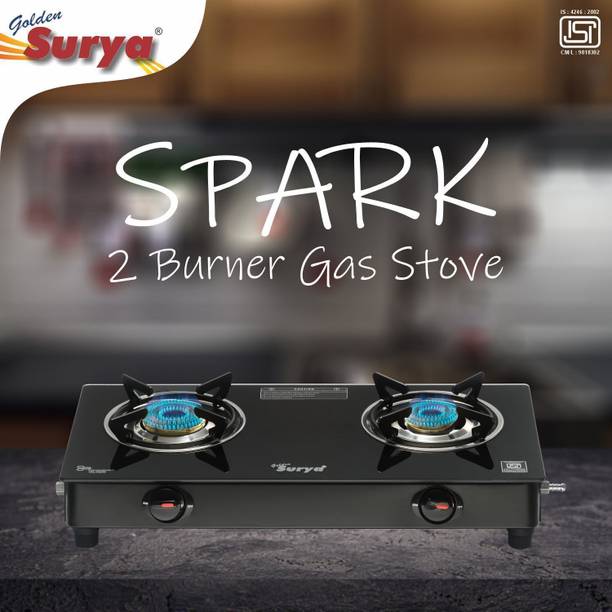 Golden Surya Spark, Premium Toughened Glass Top, ISI Certified, LPG Use" ( MS Poder Coated) Iron Manual Gas Stove