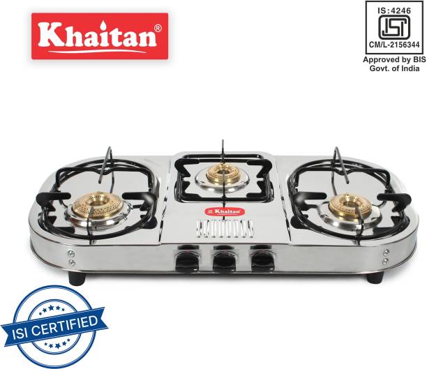 Khaitan 3 Burner Draw Double Decker (with party cooking burner) Stainless Steel Manual Gas Stove