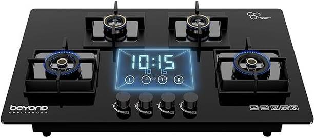 Beyond Appliances Dorado 4 Full Brass Smart Hobtop, Digital Timer, FFD & Auto Ignition Burners Glass Automatic Hob