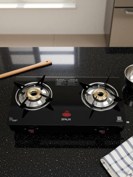 Spalin 2-Burner Glass Top Gas Stove, Manual Ignition, (Black, ISI Certified) Glass Manual Gas Stove