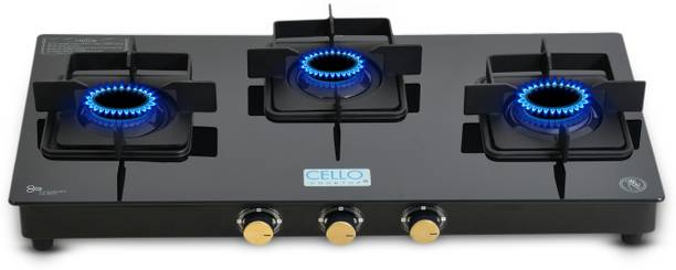 सेलो Black Pearl 3 Burner Toughened Glass Top Gas Stove, Brass Burners, Black Finish मैनुअल गैस चूल्हा