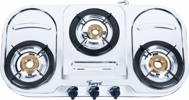 Golden Surya ISI Certified PNG 3 Burner Gas Stove | High-Efficiency Brass Burners | PNG Use" Stainless Steel Manual Gas Stove