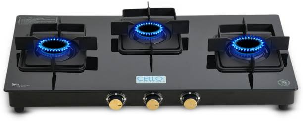सेलो Black Pearl 3 Burner Toughened Glass Top Gas Stove, Brass Burners, Black Finish मैनुअल गैस चूल्हा