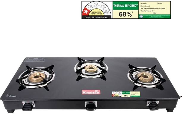 Khaitan 3 Burner PREMIUM Black Toughened Glass Manual Gas Stove