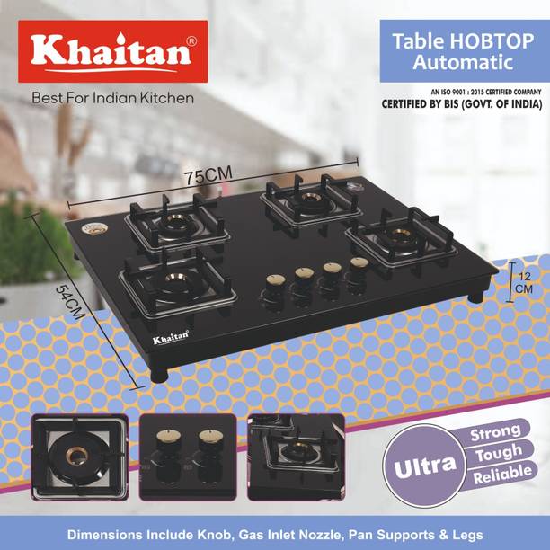 Khaitan 4 Burner Saphire Black Luxury HobTop, Automatic Ignition Toughened Glass Automatic Hob  (4 Burners)