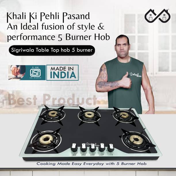 Sigri-wala Surya Primecook 5 Burner Hobtop Black & White Glass Manual Hob
