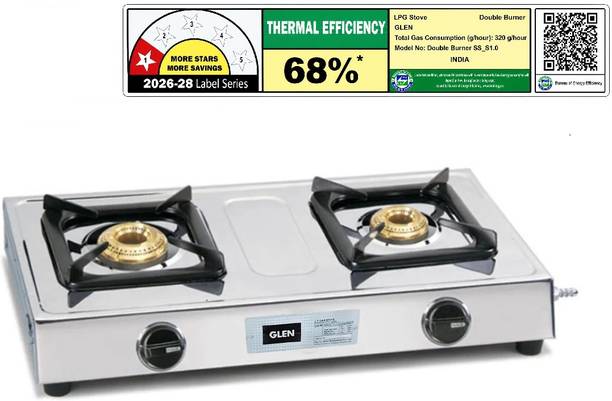Glen 2 Burner LPG Gas Stove with Brass Burner Stainless Steel Manual Gas Stove
