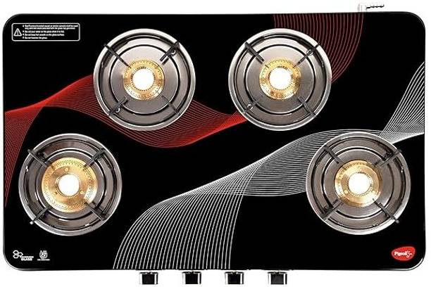 Pigeon Cosmic 4 Burner (With SABAF Burners, Mixing Tube and Valves) Glass Manual Gas Stove