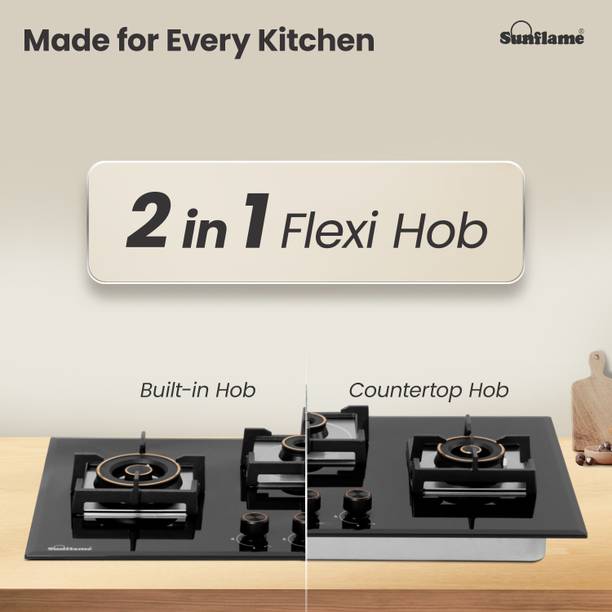 Sunflame Sunflame 3 Burner Auto Ignition Flexi Hob, 78 cm Wide Body, 8mm Glass Glass Automatic Hob  (3 Burners)