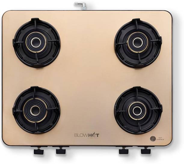 BLOWHOT Sapphire 4 Tornado Brass Stainless Steel Cooktop, 5 Year Warranty Glass Manual Gas Stove