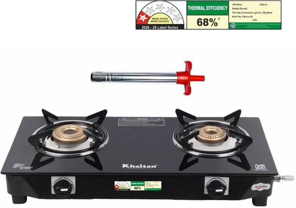 Khaitan Gas Stove Combo - 2B Nano + 1 Ligher Glass Manual Gas Stove