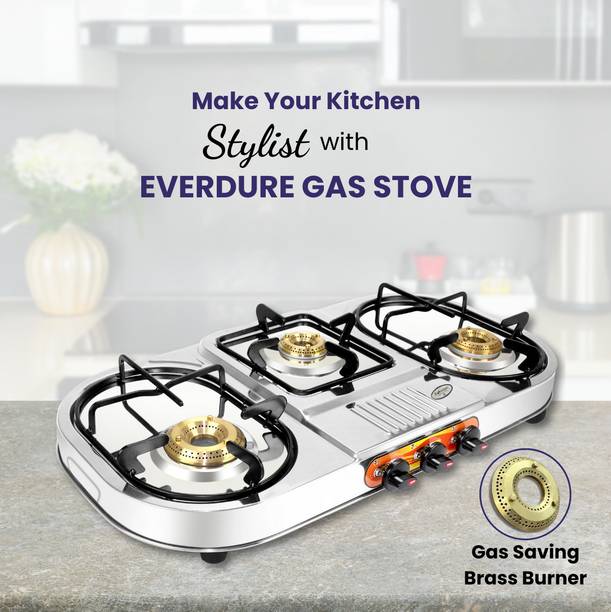 Everdure 3 Burner Boss | High Powered Brass Burner | ISI Certified Stainless Steel Manual Gas Stove