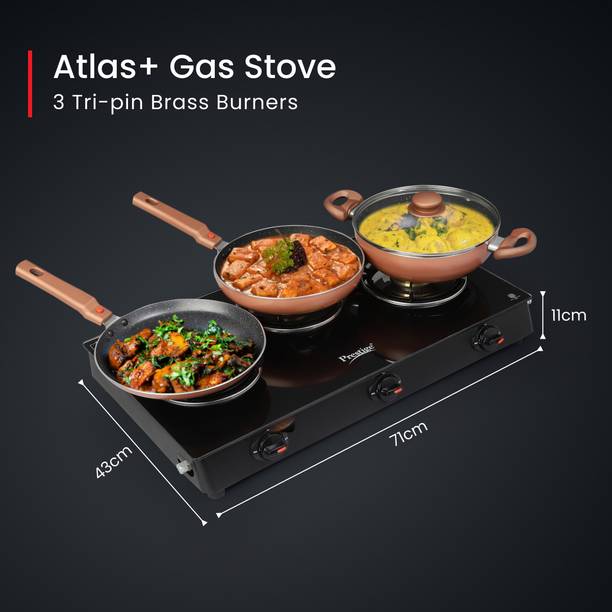 Prestige Atlas Plus Toughened top with Lighter Knife and Hose Pipe Glass Manual Gas Stove