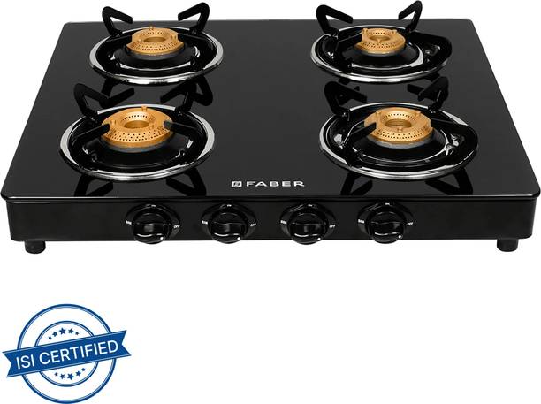 FABER COOKTOP DAISY 4BB BK|Powder Coated Pan Support | Brass Burners|Easy Cleaning | Glass Manual Gas Stove