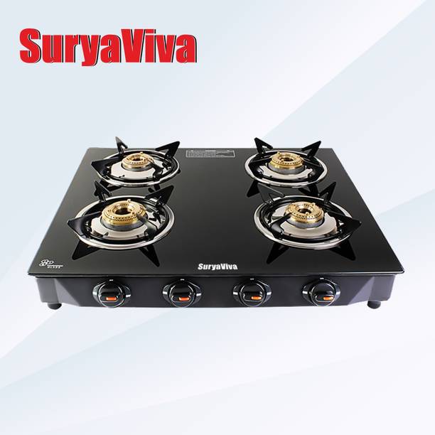 SURYAVIVA 4B Photon Bk Toughened 4 Brass Burner(Manual,Black) Glass Manual Gas Stove