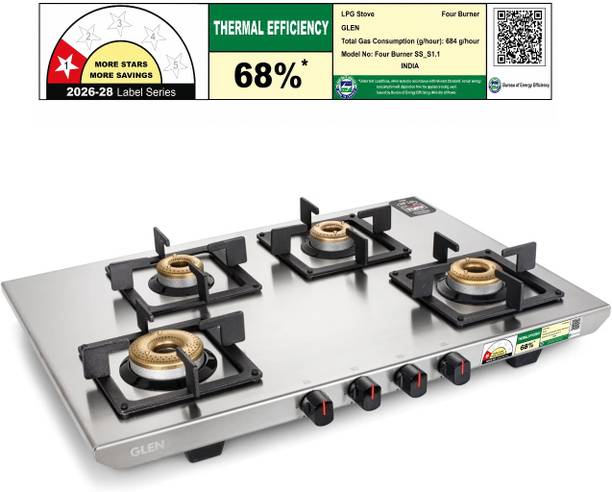 Glen Ultra Tuff Stainless Steel Gas Stoves Forged Brass Burner Revolving Inlet Nozzle Stainless Steel Manual Gas Stove