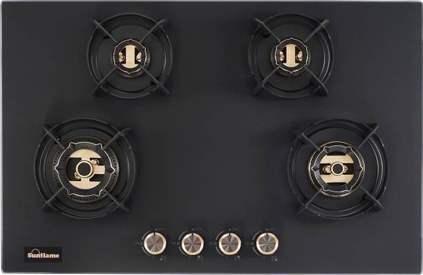 Sunflame 4 Burner Auto-Ignition Flexi Hob, Flame Failure Device, 80cm Wide, Brass Burners Glass Automatic Hob