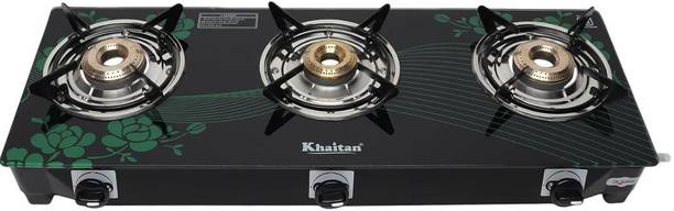 Khaitan 3 Burner BP-GIO MS Green Digital Toughend Glass Manual Gas Stove