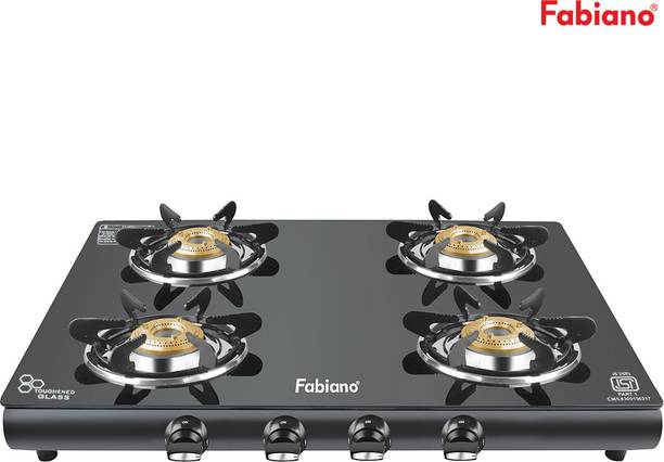 Fabiano 4 Burner Mejestic 6 Prongs Gas stove With Toughened Glass Top, 2 years warranty Glass Manual Gas Stove