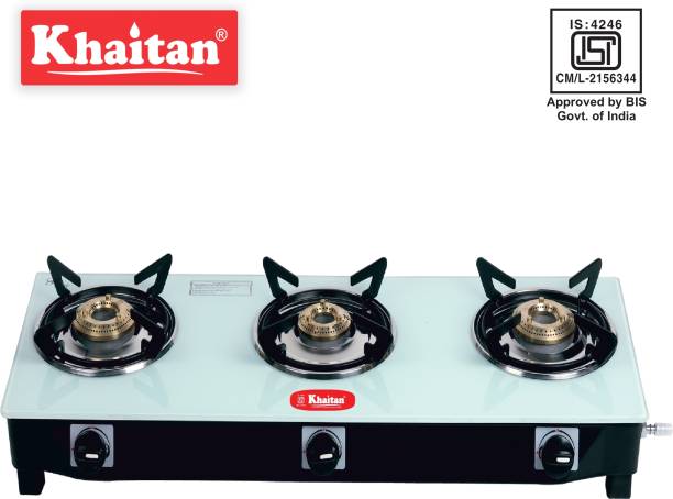 Khaitan 3 Burner JIO White MS Frame Toughened Glass Manual Gas Stove
