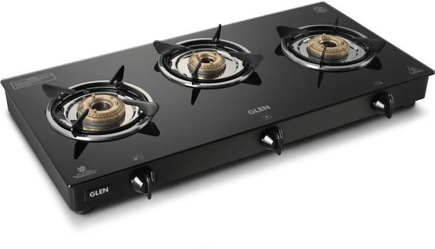 Crystal 3 Burner LPG Gas Stoves | Toughened Glass Top | Brass Burners| ग्लास मैनुअल गैस चूल्हा
