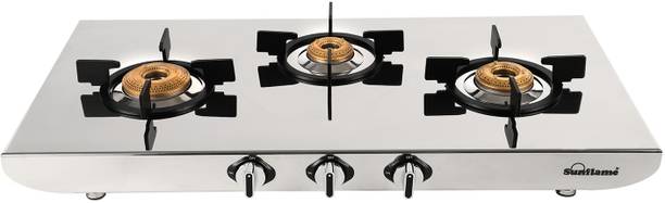 Sunflame 3 Burner Gas Stove with 2 MM Mirror Finish Design, Forged Brass Burners Stainless Steel Manual Gas Stove