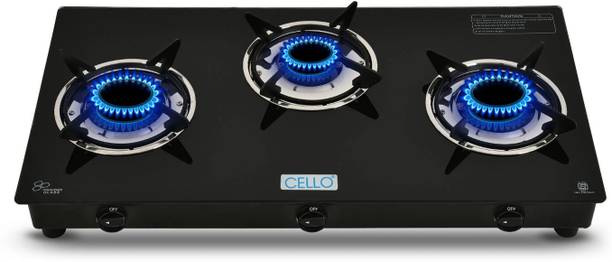 CELLO Regal 3 Burner Black Gas Cooktop,Toughened Glass, ISI Certified, 1 Year Warranty Glass Manual Gas Stove