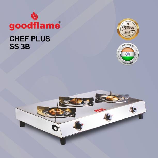 goodflame Chef Plus 3 Burner SS Stainless steel Gas stove Manual gas stove Stainless Steel Manual Gas Stove