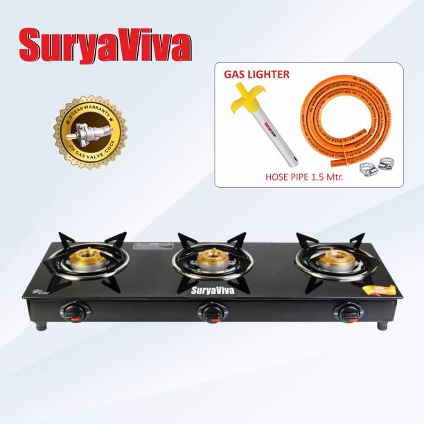 SURYAVIVA Photon 3Burner(Hose pipe + Lighter) Manual glass gas stove Glass Manual Gas Stove