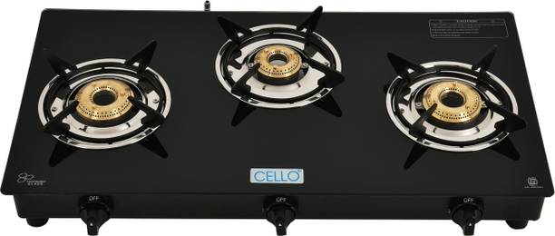 CELLO Regal 3 Burner Black Gas Cooktop,Toughened Glass, ISI Certified, 1 Year Warranty Glass Automatic Gas Stove