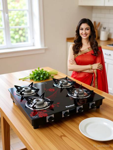 Khaitan 4 Burner Active Forge Red Toughened Glass Manual Gas Stove
