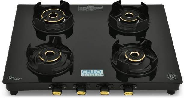 CELLO Granito 4 Burner Black Gas Cooktop, Toughened Glass, ISI Certified Glass Manual Gas Stove