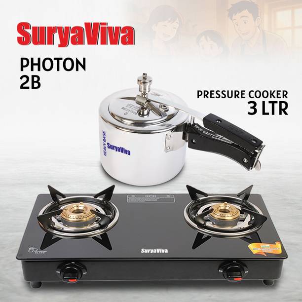 SURYAVIVA Photon 2B Combo with 3ltr. Cooker (Igniton,Black) Glass Manual Gas Stove