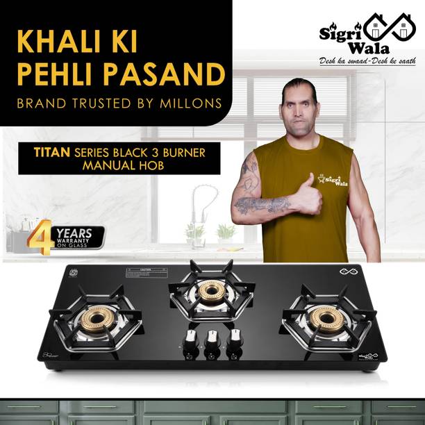 Sigri-wala Titan Series HexFire Table Top Hob 3 Burner Hobtop Stove Glass Manual Hob