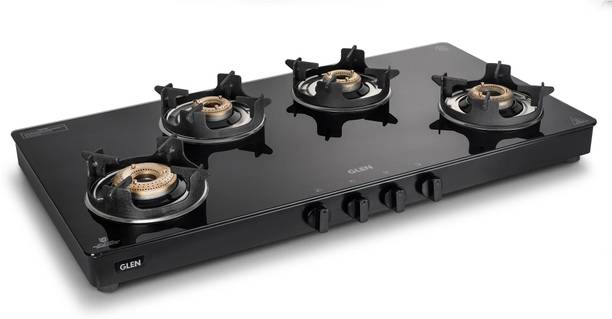 Glen 4 Burner LPG Gas Stove | Brass Burner | Crown Pan Supports | Glass Manual Gas Stove