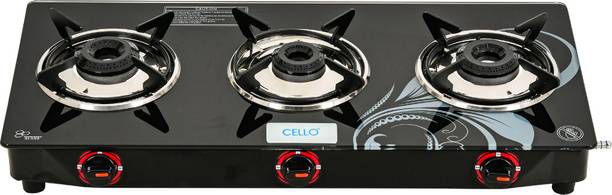 CELLO Crown 3 Burner Black Manual Ignition LPG Glass Top Gas Stove, ISI Certified Glass Manual Gas Stove