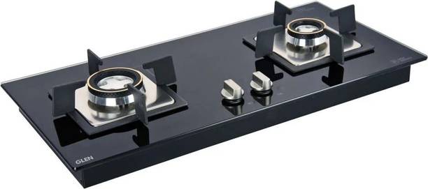 Glen 2 Burner Glass Hob Top with Double Ring Forged Brass Burners Glass Automatic Hob