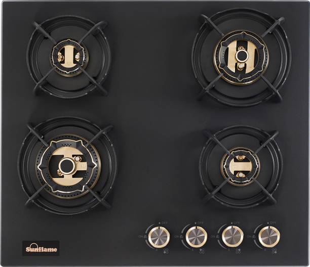 Sunflame 4 Burner Auto-Ignition Flexi Hob, Flame Failure Device, 60cm Wide, Brass Burners Glass Automatic Hob