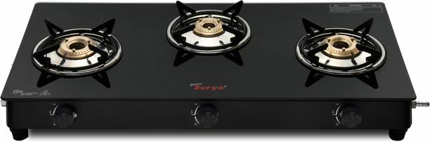 Golden Surya ISI Certified, Toughened Glass Top, 3 Burner Gas Stove Manual Ignition, LPG Use Iron Manual Gas Stove