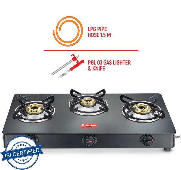 Prestige Atlas Plus Toughened Glass top with Lighter Knife and Hose Pipe Glass Manual Gas Stove