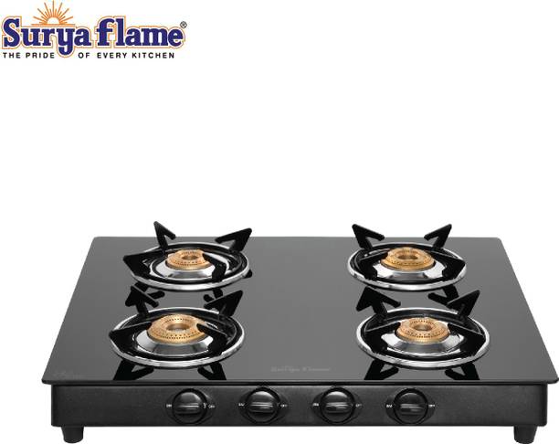 Suryaflame 4 Burner King Mild Steel Glass Top Gas Stove - 2 Years Service Glass Manual Gas Stove