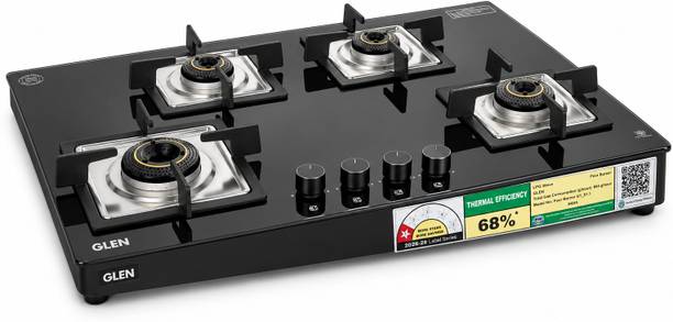 Glen 4 Burner Ultra Slim Glass Gas Stove with High Efficiency Forged Brass Burners Glass Manual Gas Stove