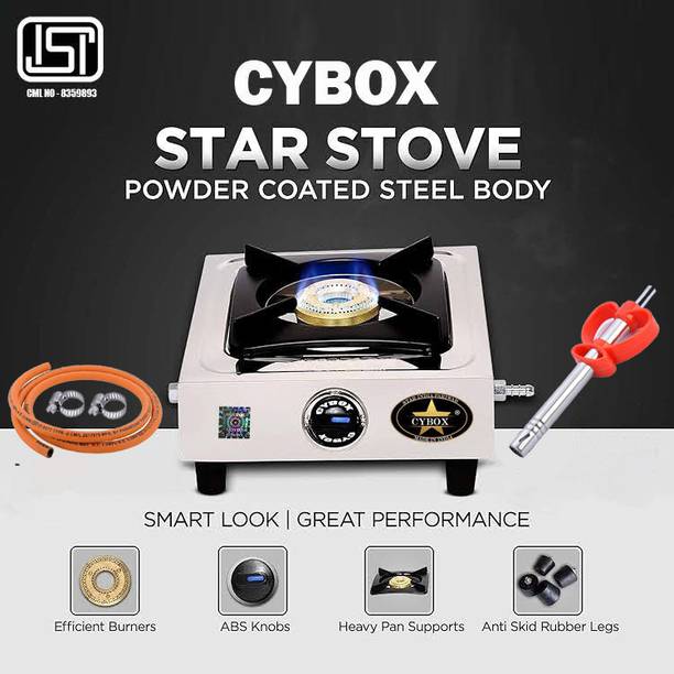 CYBOX Heavy Sainless Steel Body Single Gas Stove With ISI Gas Pipe And Lighter Stainless Steel Manual Gas Stove