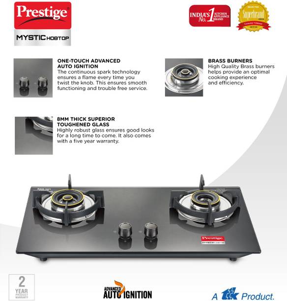 Prestige Mystic Hobtop PHTM 02 | Toughened Glass Hob Top | Ultra Slim Body Glass Manual Hob  (2 Burners)