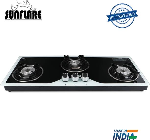 सनफ्लेयर Hobtop 3B Toughened Glass Tornado Burner(BW) Glass Manual Gas Hobtop ग्लास, स्टील, एल्युमीनियम मैनुअल गैस चूल्हा