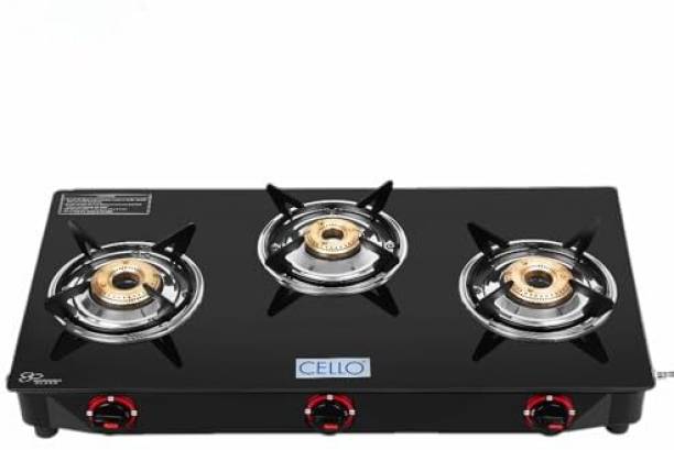 cello Regal 3 Burner Black Gas Cooktop,Toughened Glass, ISI Certified, 1 Year Warranty Glass Manual Gas Stove